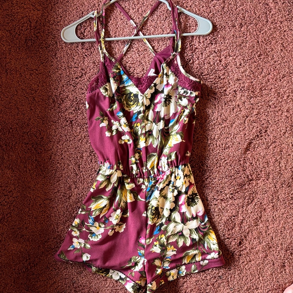 Xhilaration Burgundy Floral Lace Trim Romper